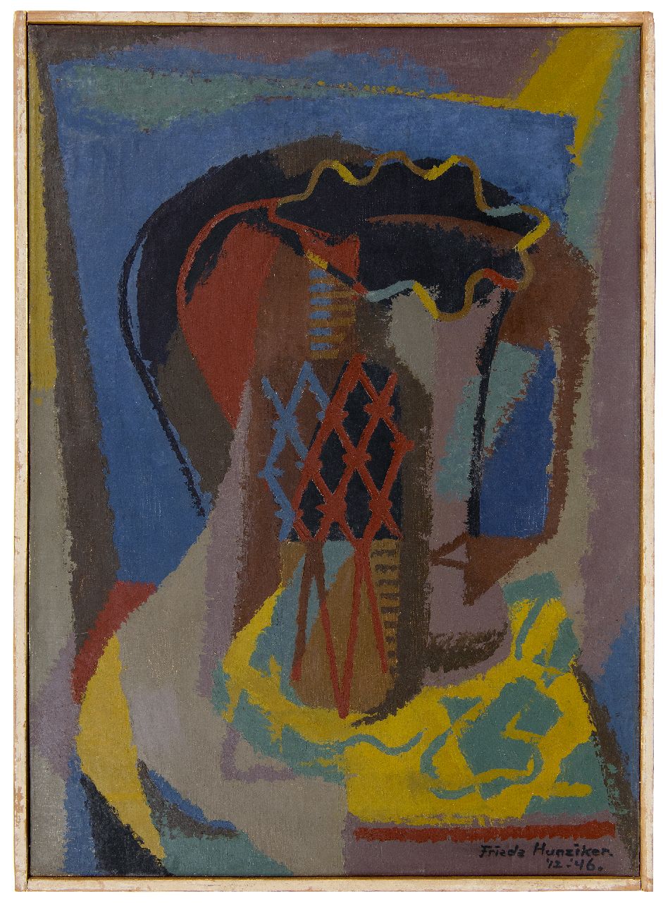 Hunziker F.  | Frieda Hunziker, Stillleben mit Vase und Flasche, Öl auf Leinwand 69,8 x 49,7 cm, Unterzeichnet u.r. und datiert '12-'46.