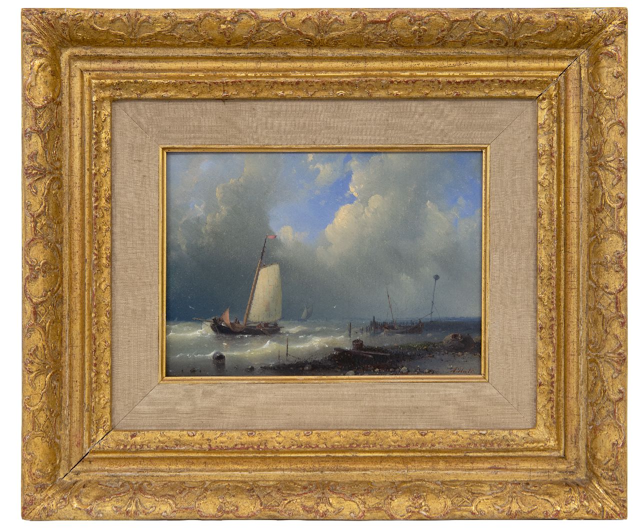 Hulk A.  | Abraham Hulk, Schiff vor dem Hafen bei schwerem Wetter, Öl auf Holz 14,5 x 20,2 cm, Unterzeichnet u.r.