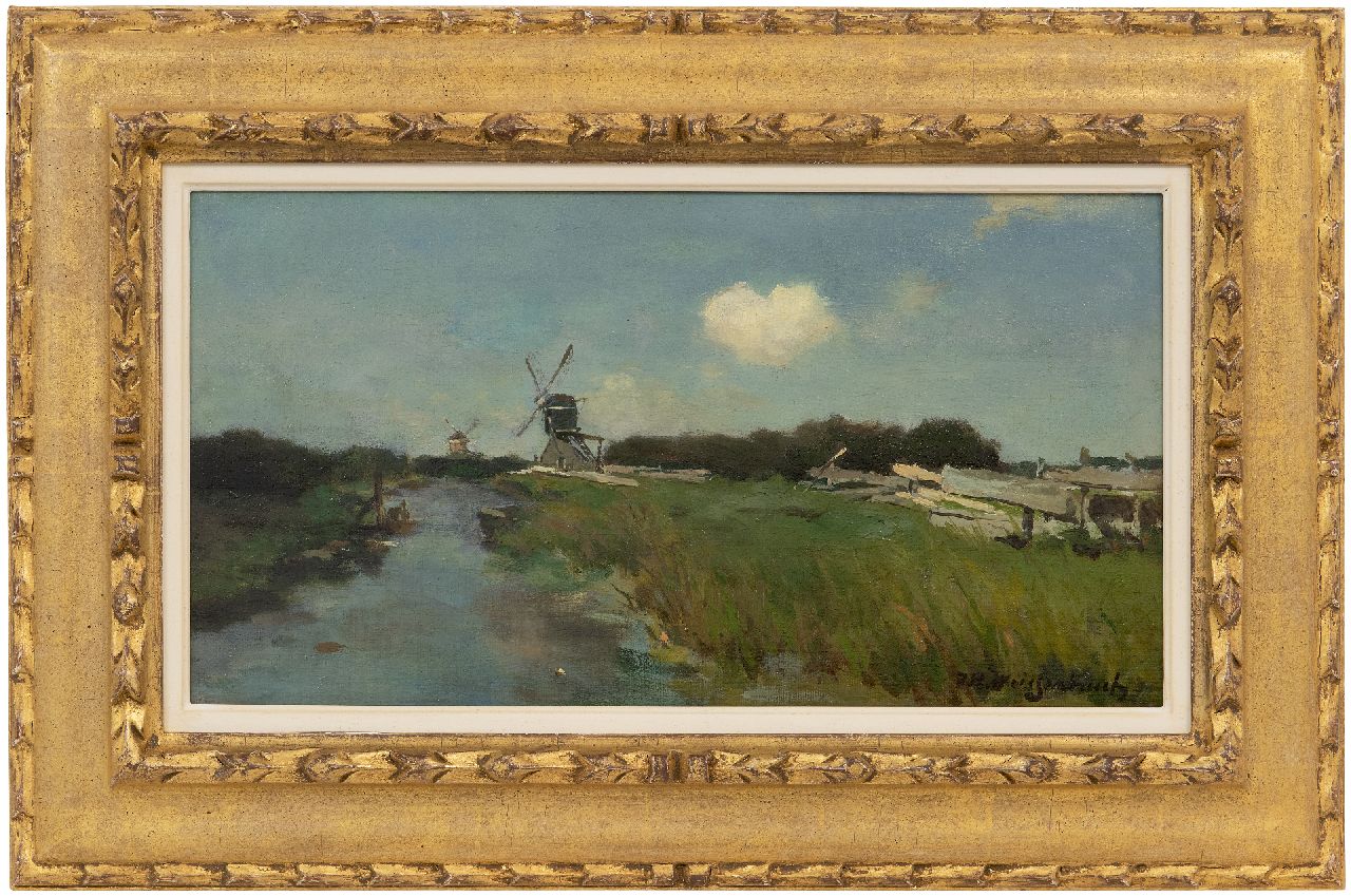 Weissenbruch H.J.  | Hendrik Johannes 'J.H.' Weissenbruch, Windmühlen am Polderkanal bei Noorden, Öl auf Leinwand auf Holz 23,0 x 43,1 cm, Unterzeichnet u.r.