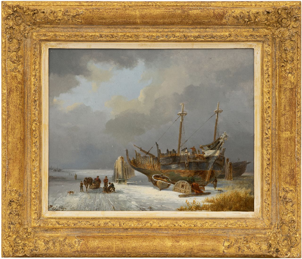 Nuijen W.J.J.  | Wijnandus Johannes Josephus 'Wijnand' Nuijen | Gemälde zum Verkauf angeboten | Gefrorene Landschaft mit Figuren und einer Werft, Öl auf Holz 23,4 x 29,8 cm, Unterzeichnet u.l. und datiert 1830