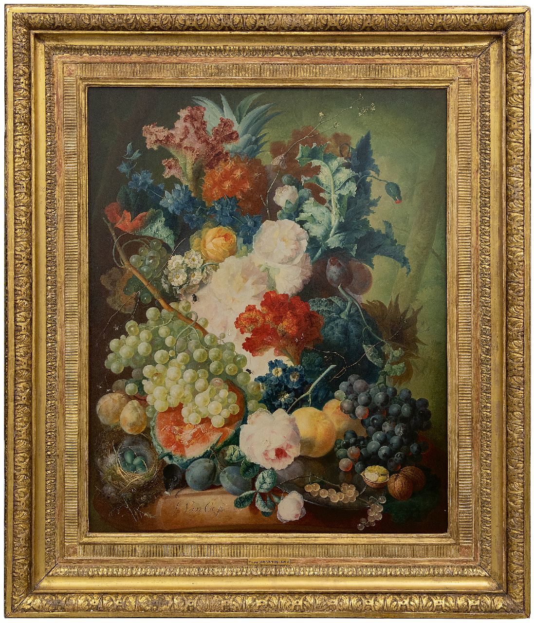 Os J. van | Jan van Os | Gemälde zum Verkauf angeboten | Blumenstillleben mit Früchten, einer Maus und einem Vogelnest, Öl auf Holz 69,7 x 55,1 cm, Unterzeichnet u.l. und datiert 1774