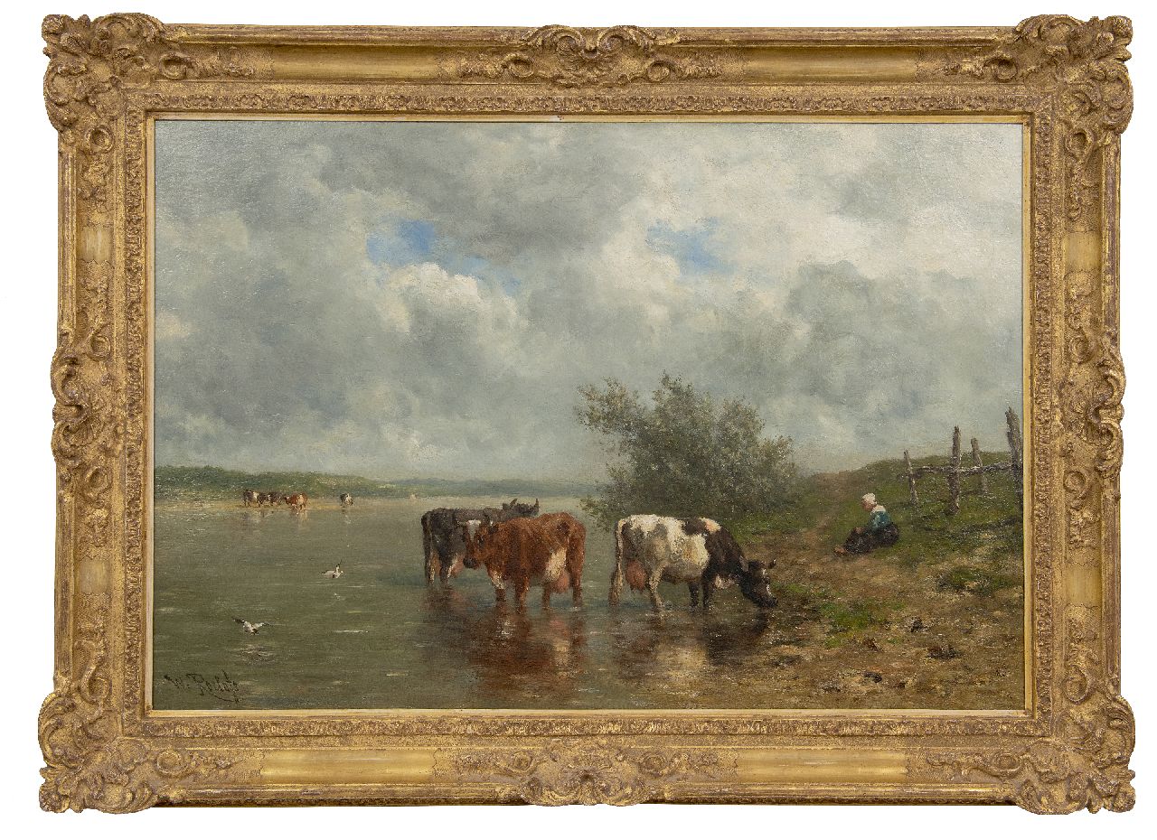 Roelofs W.  | Willem Roelofs | Gemälde zum Verkauf angeboten | Flusslandschaft mit trinkenden Kühen, Öl auf Leinwand 69,1 x 106,9 cm, Unterzeichnet u.l.
