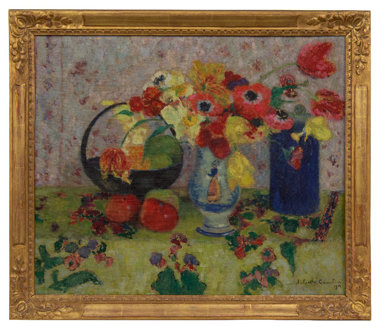 Cambier J.Z.  | 'Juliette' Ziane Cambier, Stillleben mit Vasen, Frühlingsblumen und Früchten, Öl auf Leinwand 49,9 x 60,3 cm, Unterzeichnet u.r. und datiert 1944