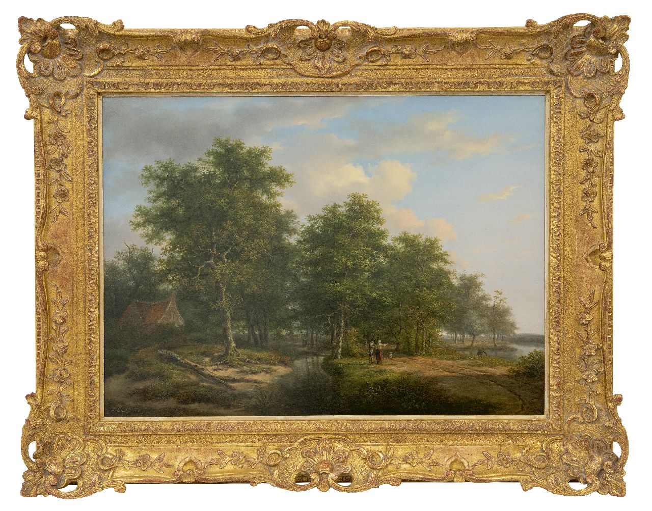 Schelfhout A.  | Andreas Schelfhout | Gemälde zum Verkauf angeboten | Waldlandschaft mit Figuren an einem Fluss (Gegenstück vom Winterlandschaft), Öl auf Holz 52,8 x 72,5 cm, Unterzeichnet u.l. und zu datieren um 1815