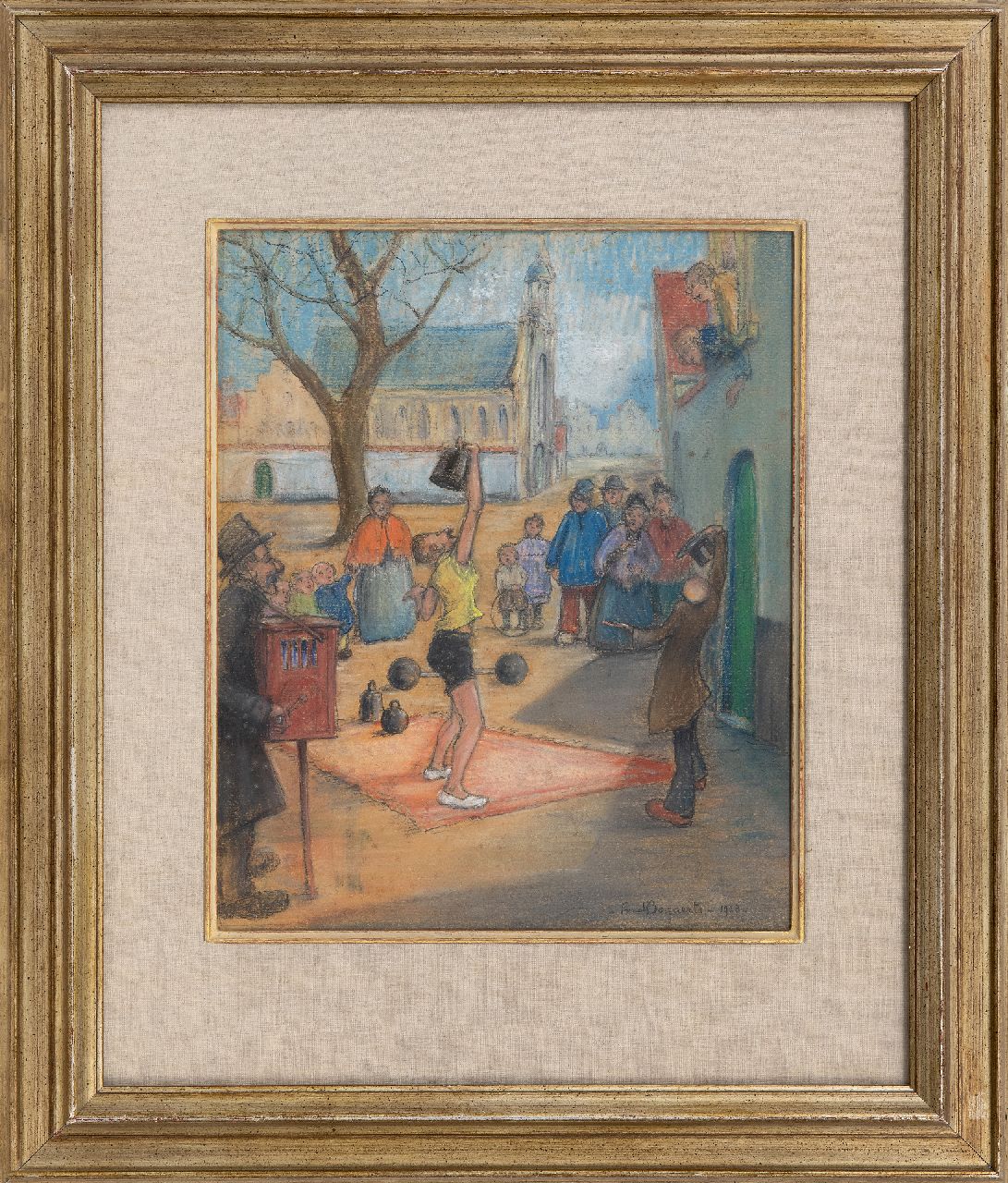 Bogaerts F.  | Alfred 'Fred' Bogaerts | Aquarelle und Zeichnungen zum Verkauf angeboten | Straßenkünstler bei der Sint-Margaritakirche in Lier, Gouache auf Papier 31,2 x 25,7 cm, Unterzeichnet u.r. und datiert 1923
