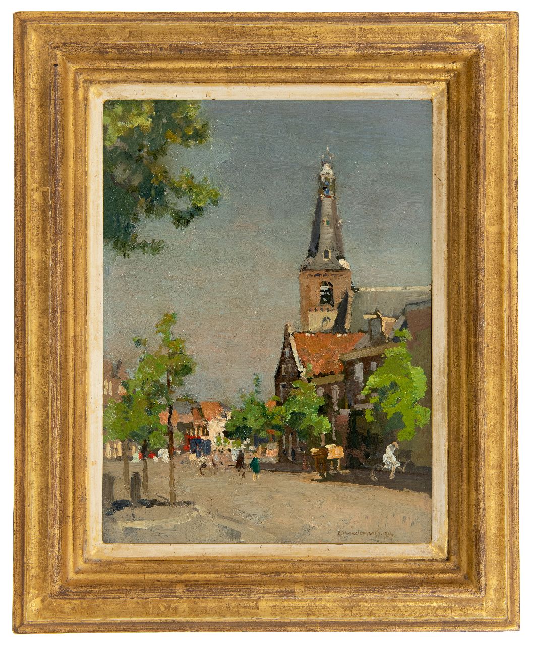 Vreedenburgh C.  | Cornelis Vreedenburgh, Blick auf Weesp mit dem Turm der Laurenskerk, Öl auf Holz 28,5 x 21,3 cm, Unterzeichnet u.r. und datiert 1934