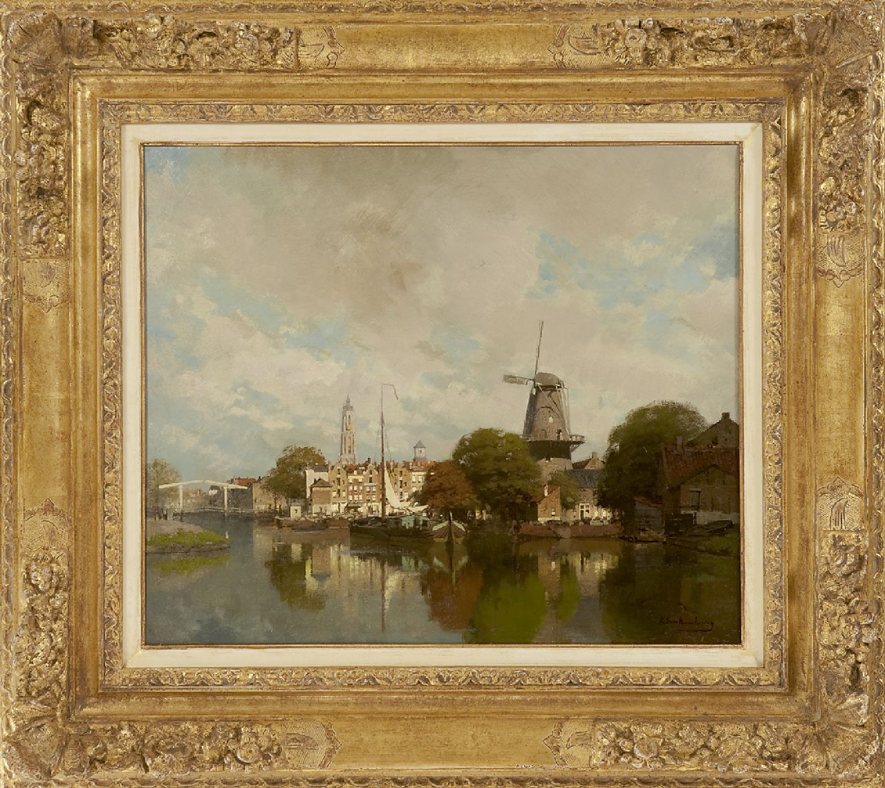 Klinkenberg J.C.K.  | Johannes Christiaan Karel Klinkenberg | Gemälde zum Verkauf angeboten | Stadtansicht mit Groenmolen und Turm der Nieuwe Kerk von Delft, Öl auf Leinwand 39,5 x 47,4 cm, Unterzeichnet r.u.