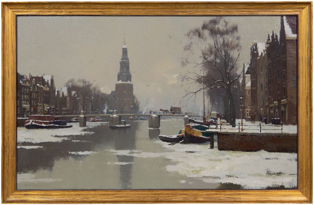 Ligtelijn E.J.  | Evert Jan Ligtelijn, Winteransicht des Montelbaanstoren in Amsterdam, Öl auf Leinwand 56,8 x 90,6 cm, Unterzeichnet u.l.