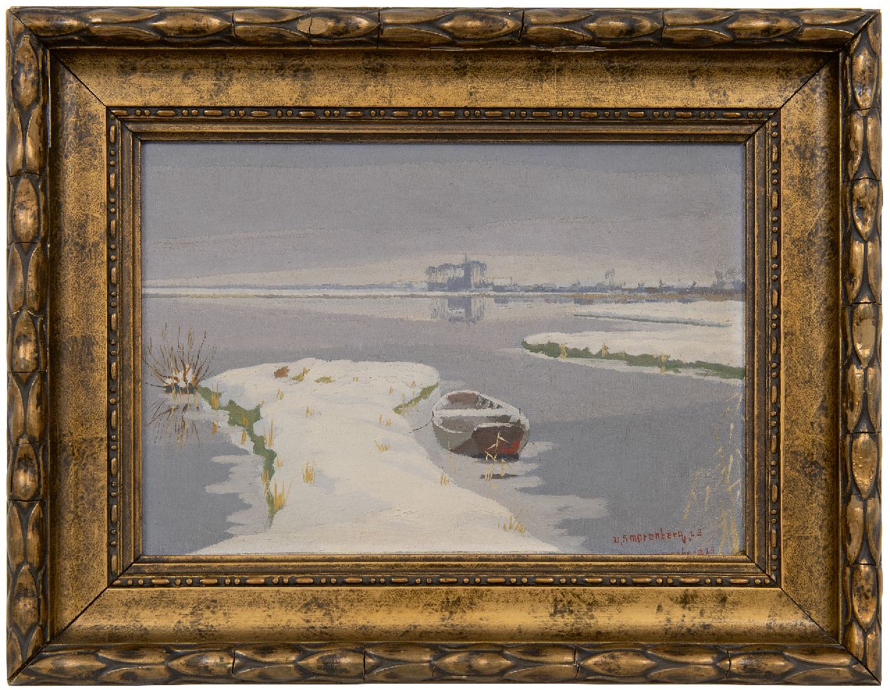 Smorenberg D.  | Dirk Smorenberg | Gemälde zum Verkauf angeboten | See bei Loosdrecht im Schnee, die Kirche von Oud-Loosdrecht in der Ferne, Öl auf Leinwand 22,3 x 31,9 cm, Unterzeichnet u.r. (zweimal) und datiert '23 (zweimal)