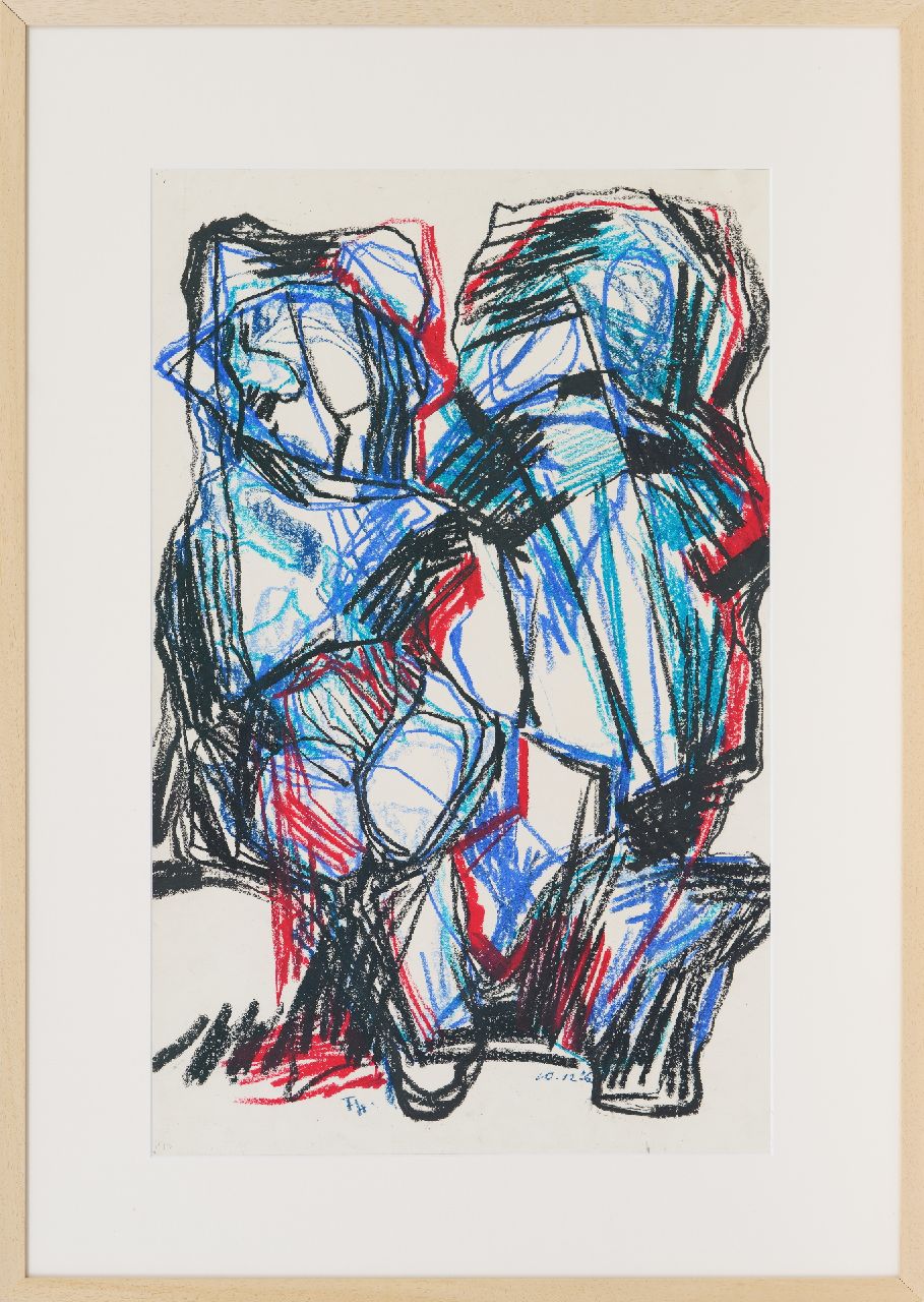 Hunziker F.  | Frieda Hunziker, Vorbereitende Studie 'zwei Figuren', Wachskreide auf Papier 78,5 x 49,9 cm, Unterzeichnet u.L. mit Initialen und datiert 10-12-'61