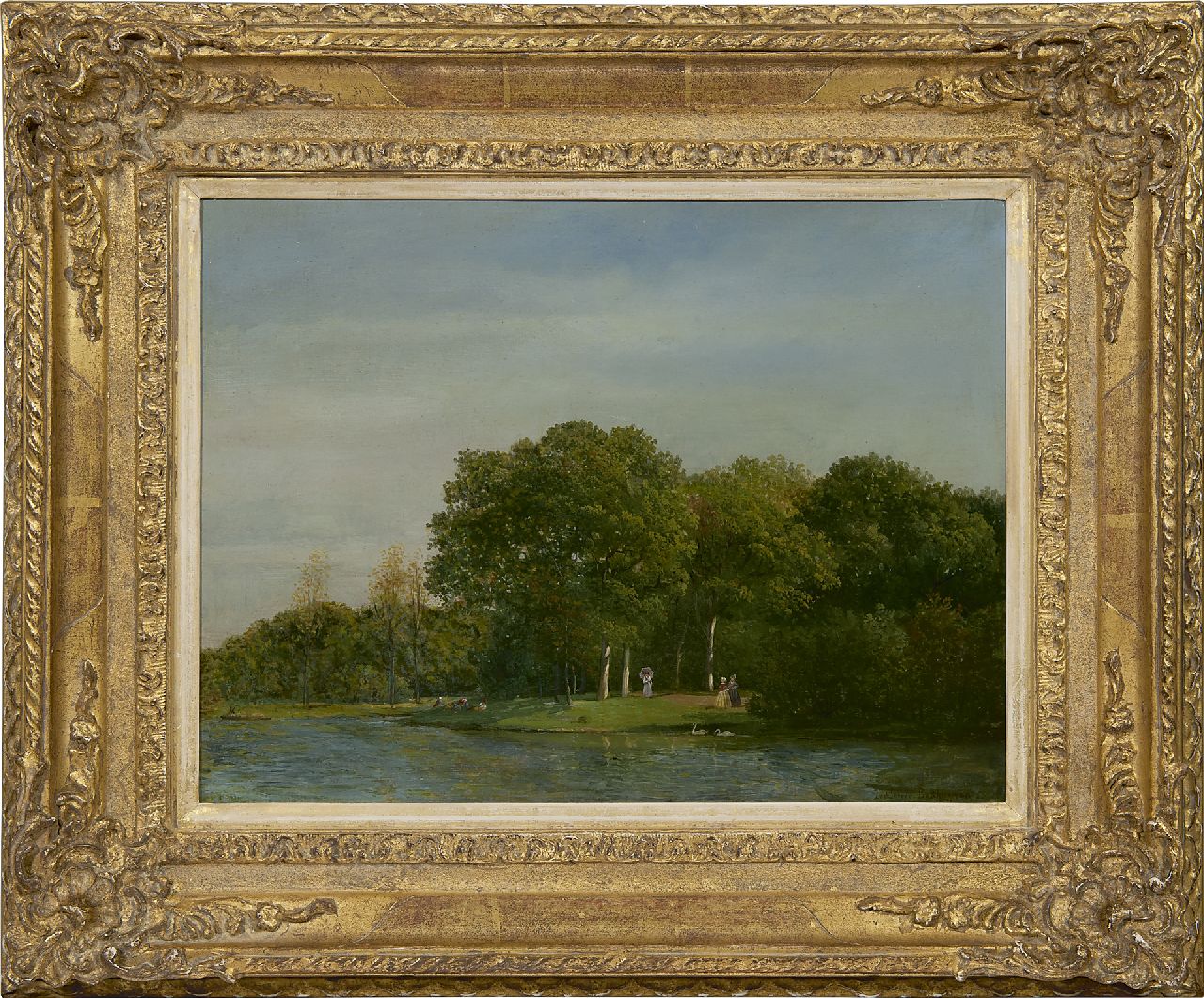 Sande Bakhuyzen J.J. van de | Julius Jacobus van de Sande Bakhuyzen | Gemälde zum Verkauf angeboten | Parklandschaft mit eleganter Gesellschaft, Öl auf Papier auf Holz 26,7 x 35,0 cm, Unterzeichnet r.u.