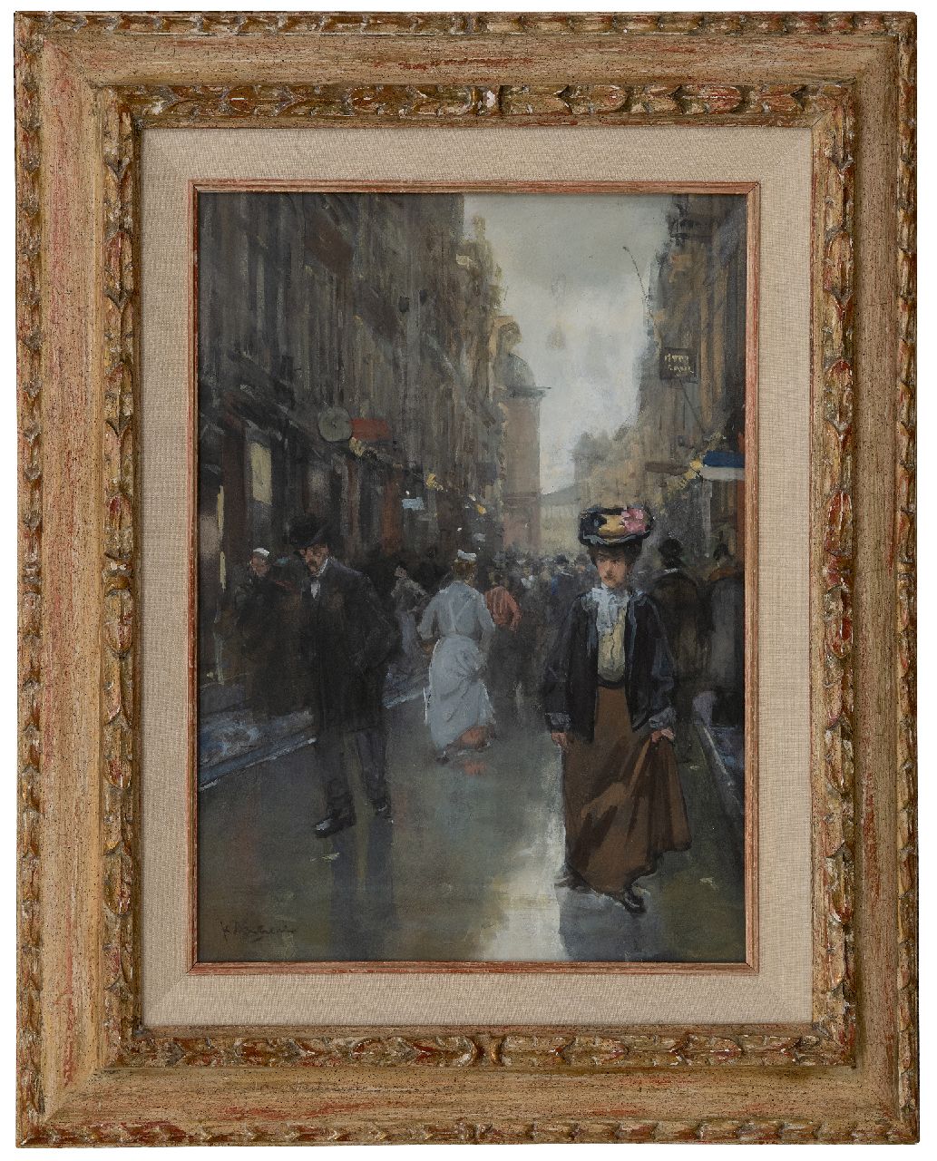 Arntzenius P.F.N.J.  | Pieter Florentius Nicolaas Jacobus 'Floris' Arntzenius | Aquarelle und Zeichnungen zum Verkauf angeboten | Belebte Spuistraat in Den Haag, Aquarell auf Papier 41,6 x 30,7 cm, Unterzeichnet u.l.