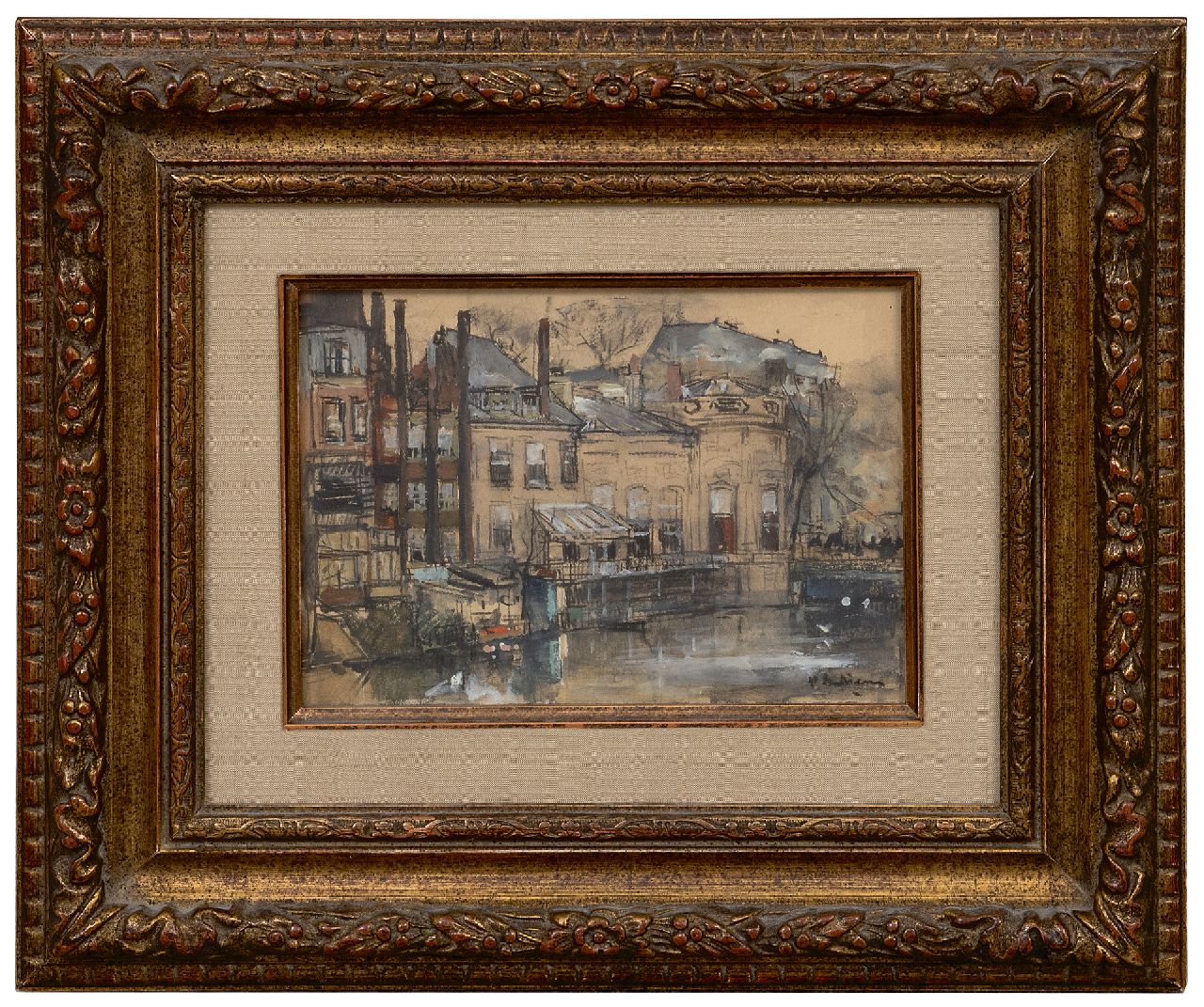 Arntzenius P.F.N.J.  | Pieter Florentius Nicolaas Jacobus 'Floris' Arntzenius | Aquarelle und Zeichnungen zum Verkauf angeboten | Blick auf die Rückseite des Binnenhofs, Den Haag, Schwarze Kreide und Aquarell auf Papier 11,6 x 16,6 cm, Unterzeichnet u.r.