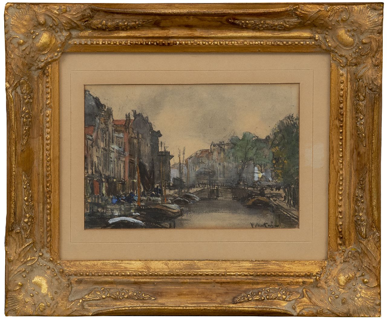 Arntzenius P.F.N.J.  | Pieter Florentius Nicolaas Jacobus 'Floris' Arntzenius | Aquarelle und Zeichnungen zum Verkauf angeboten | Blick auf einen Kanal, Schwarze Kreide und Aquarell auf Papier 13,1 x 19,2 cm, Unterzeichnet u.r.