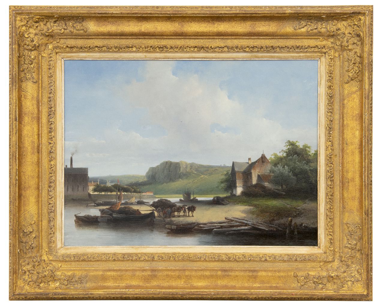 Hoppenbrouwers J.F.  | Johannes Franciscus Hoppenbrouwers | Gemälde zum Verkauf angeboten | Maaslandschaft mit Löschplatz und Pferdekarren, Öl auf Holz 39,5 x 53,7 cm, Unterzeichnet r.u. und datiert '40