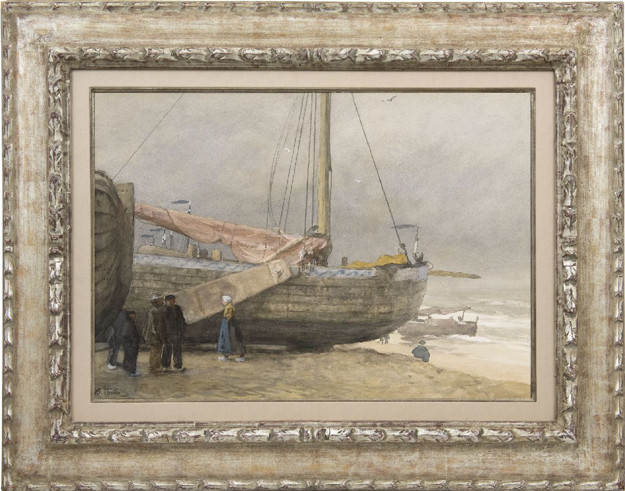 Tholen W.B.  | Willem Bastiaan Tholen | Aquarelle und Zeichnungen zum Verkauf angeboten | Fischer und 'Bomschiffe' am Strand von Scheveningen, Aquarell auf Papier 37,4 x 53,4 cm, Unterzeichnet l.u.