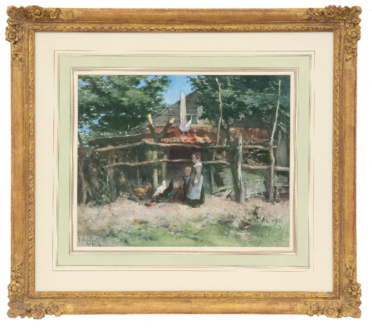 Mesker T.L.  | Theodorus Ludovicus 'Theo' Mesker | Aquarelle und Zeichnungen zum Verkauf angeboten | Beim Hühnerstall, Aquarell auf Papier 32,5 x 39,5 cm, Unterzeichnet l.u. und datiert '82