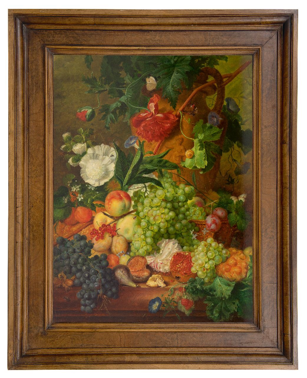 Hollandse School, 19e eeuw   | Hollandse School, 19e eeuw | Gemälde zum Verkauf angeboten | Stilleben mit Blumen und Früchten, Öl auf Holz 78,2 x 58,5 cm, Unterzeichnet u.m. mit Jan Van Huysum und datiert 1735
