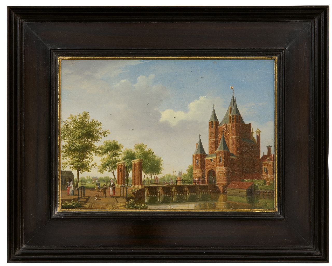 Ouwater I.  | Isaac Ouwater | Gemälde zum Verkauf angeboten | Blick auf der Stadttor Amsterdamse Poort in Haarlem, Öl auf Holz 13,8 x 19,6 cm, (prijs is per pendant, verkoop alleen tezamen)