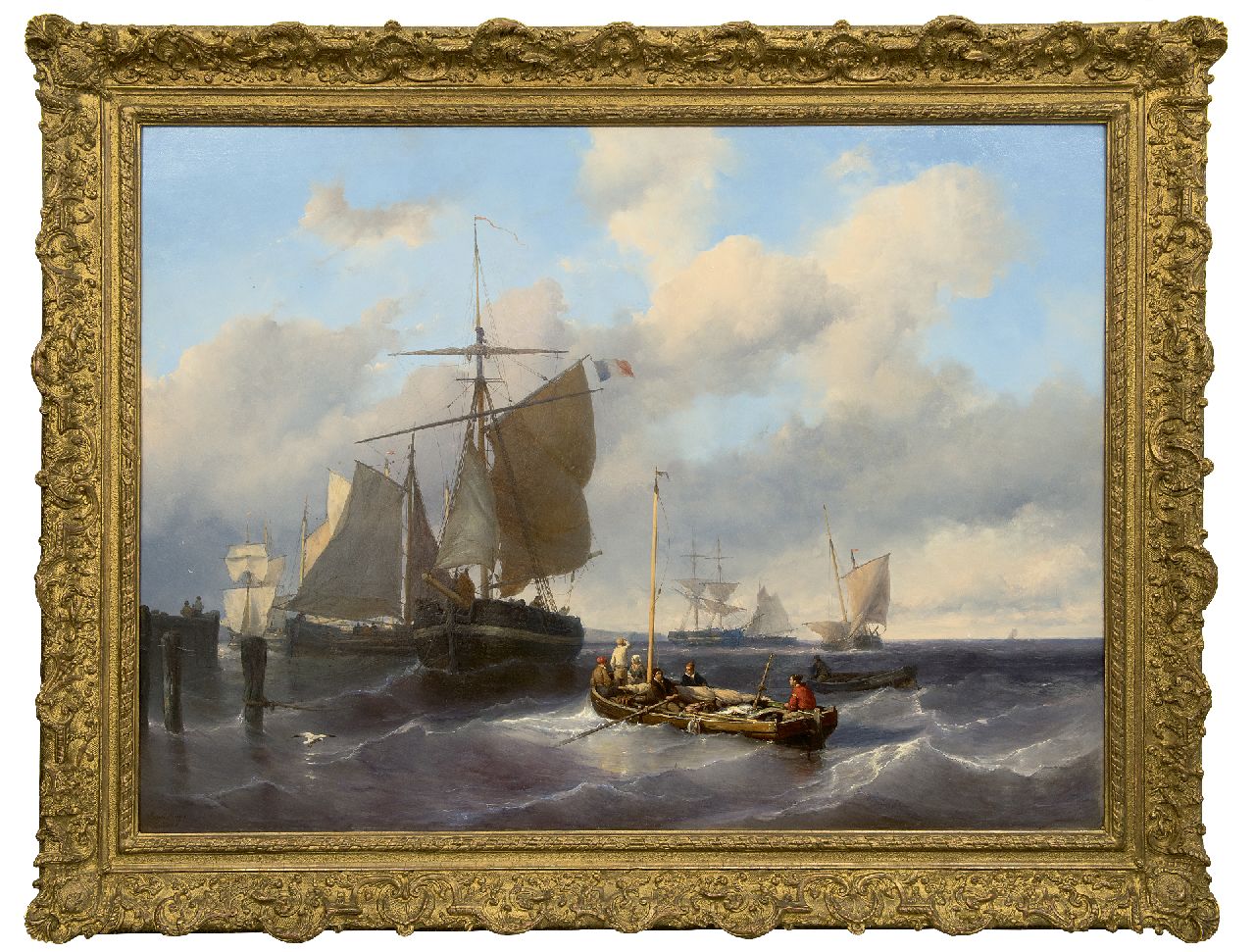 Meijer J.H.L.  | Johan Hendrik 'Louis' Meijer | Gemälde zum Verkauf angeboten | Die Segel setzen beim Hafen Eingang, Öl auf Holz 79,8 x 110,5 cm, Unterzeichnet u.l.