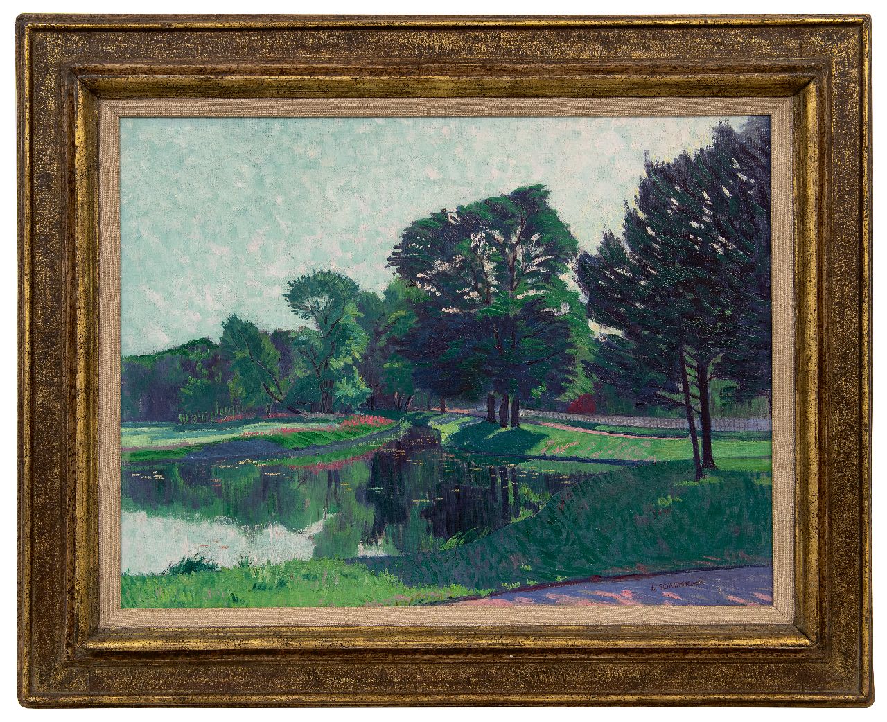 Schuhmacher W.G.C.  | Wijtze Gerrit Carel 'Wim' Schuhmacher | Gemälde zum Verkauf angeboten | Parklandschaft mit Teich, Öl auf Leinwand 47,8 x 62,9 cm, Unterzeichnet u.r. und zu datieren um 1915