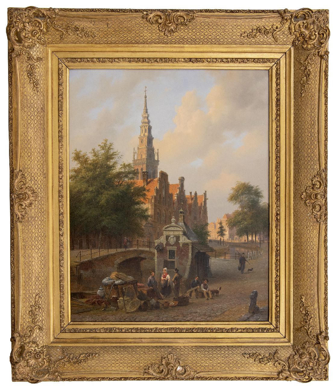Hove B.J. van | Bartholomeus Johannes 'Bart' van Hove | Gemälde zum Verkauf angeboten | Stadtbild mit einem Antiquitätenhändler im Vordergrund, Öl auf Holz 50,1 x 39,6 cm, Unterzeichnet u.l. und datiert 1844