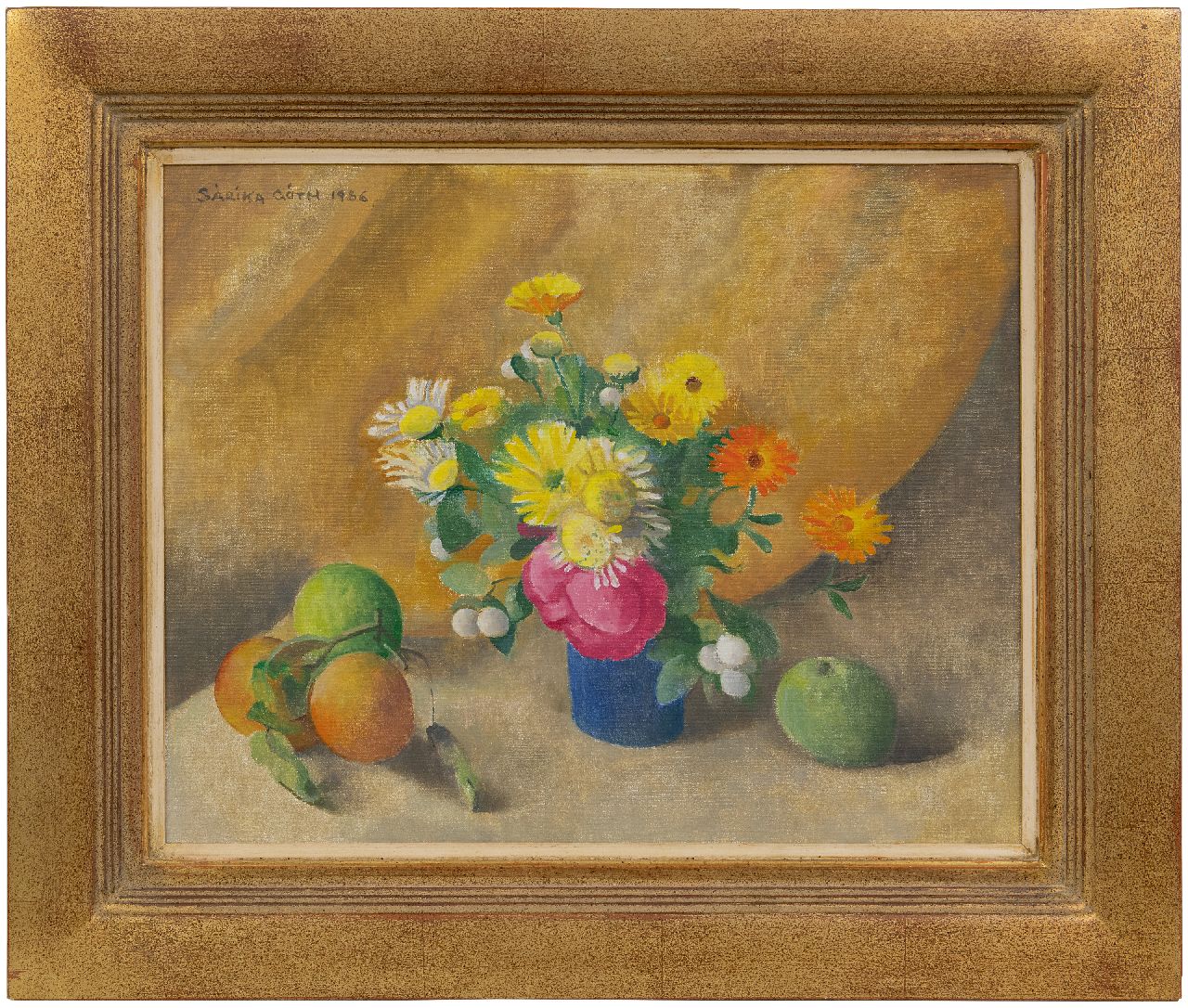 Góth C.  | Charlotte 'Sarika' Góth | Gemälde zum Verkauf angeboten | Stillleben mit Blumen in blauer Vase, Öl auf Leinwand 40,1 x 50,0 cm, Unterzeichnet o.l. und datiert 1986