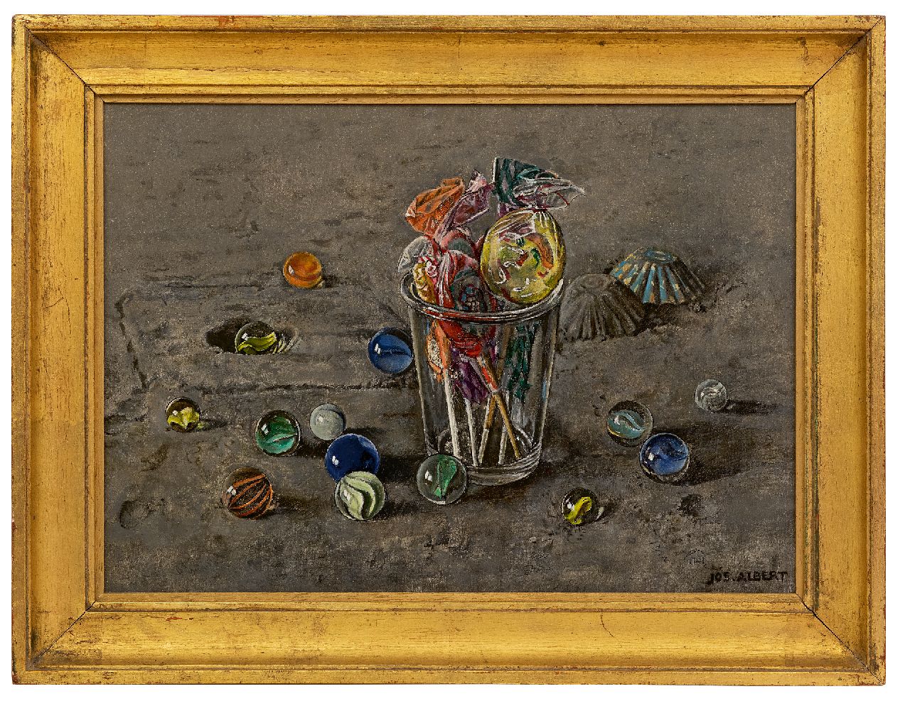 Albert J.P.  | Joseph Pierre 'Jos' Albert | Gemälde zum Verkauf angeboten | Stillleben mit Süßigkeiten und Murmeln, Öl auf Leinwand 24,6 x 33,3 cm, Unterzeichnet u.r.