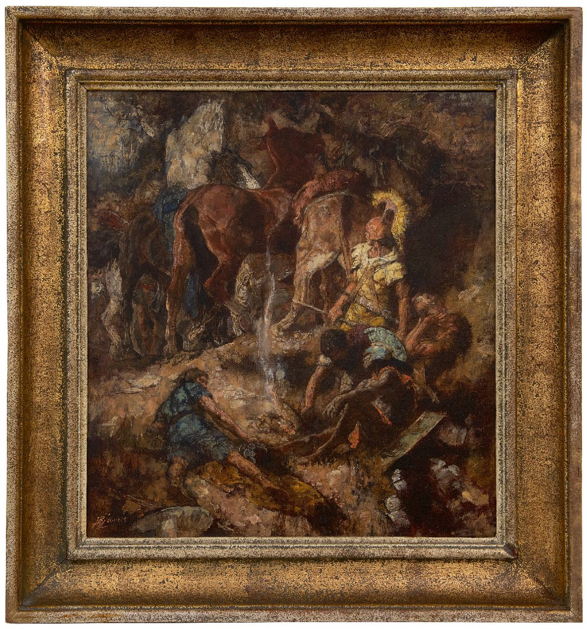 Jurres J.H.  | Johannes Hendricus Jurres | Gemälde zum Verkauf angeboten | Römische Soldaten und ihre Pferde an einer Wasserstelle, Öl auf Leinwand 54,0 x 50,0 cm, Unterzeichnet u.l.