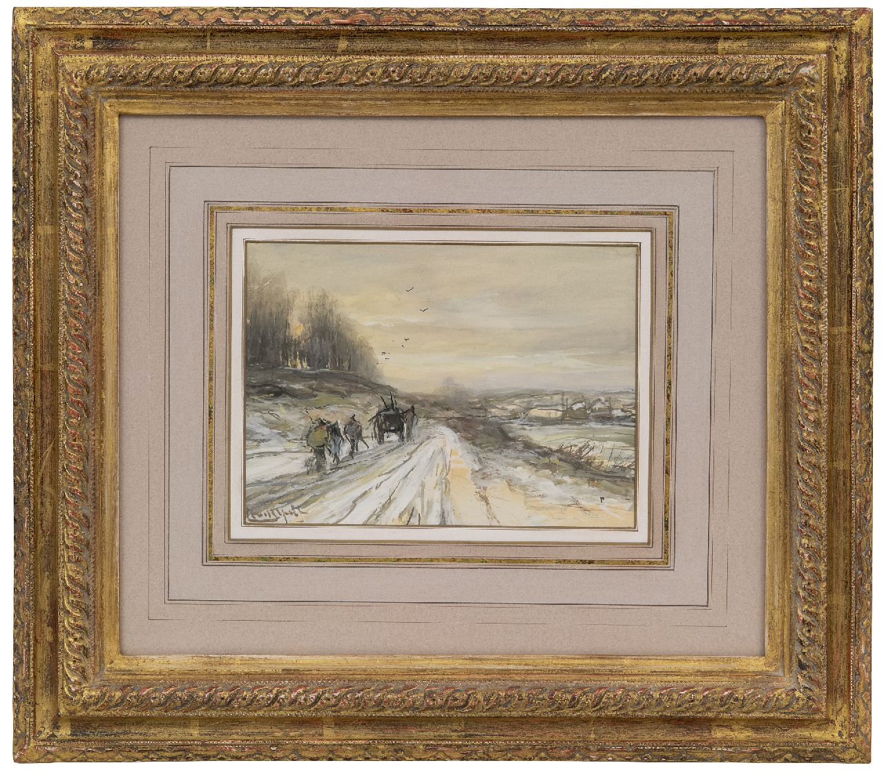Apol L.F.H.  | Lodewijk Franciscus Hendrik 'Louis' Apol, Pferd und Kutsche in einer Winterlandschaft, Gouache auf Papier 16,0 x 21,9 cm, Unterzeichnet l.u.