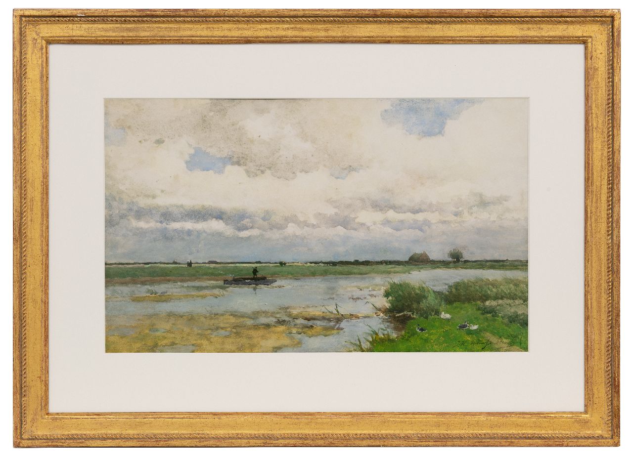 Weissenbruch H.J.  | Hendrik Johannes 'J.H.' Weissenbruch | Aquarelle und Zeichnungen zum Verkauf angeboten | Wasseransicht mit Lastkahn, Aquarell auf Papier 32,5 x 54,0 cm, Unterzeichnet u.r.