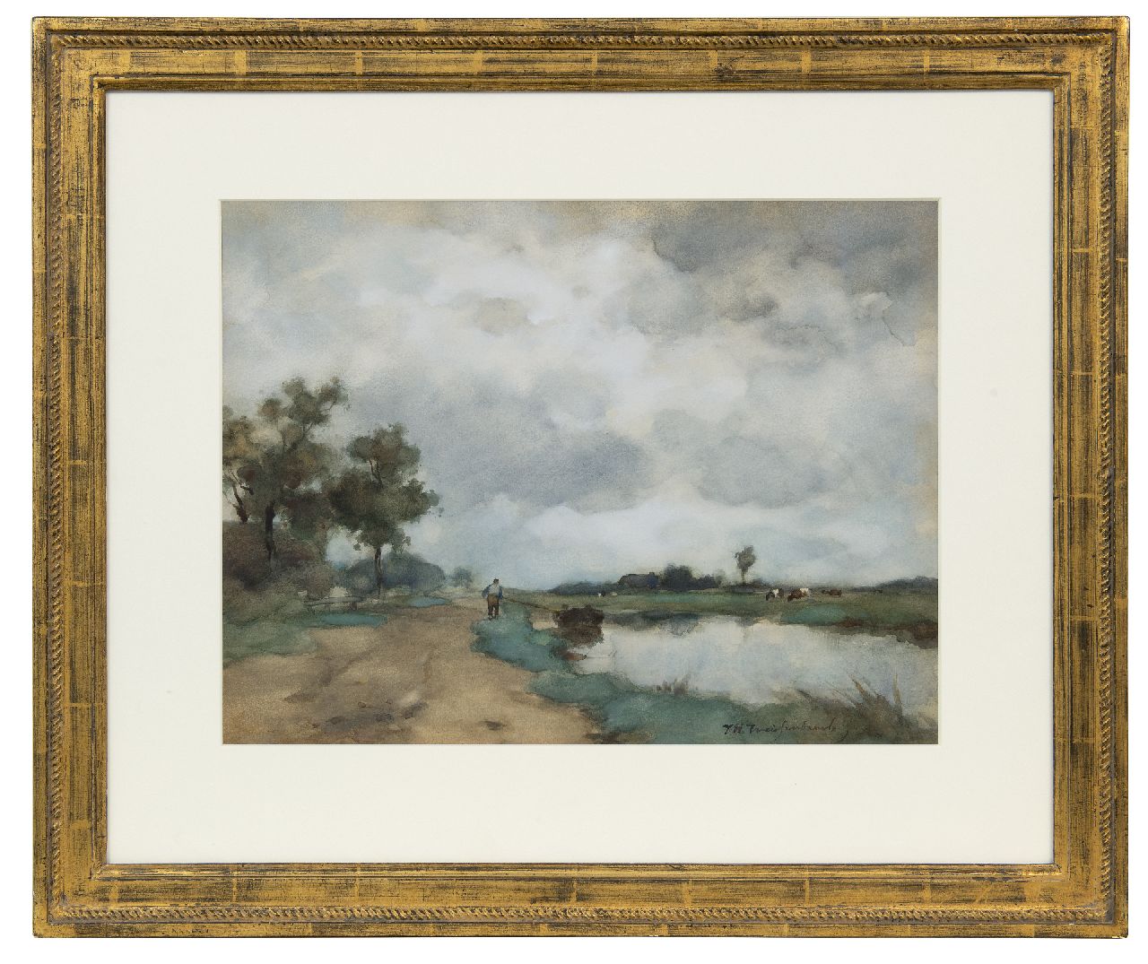 Weissenbruch H.J.  | Hendrik Johannes 'J.H.' Weissenbruch | Aquarelle und Zeichnungen zum Verkauf angeboten | Landschaft mit Bauer und Treckschute, Aquarell auf Papier 34,0 x 45,0 cm, Unterzeichnet u.r.