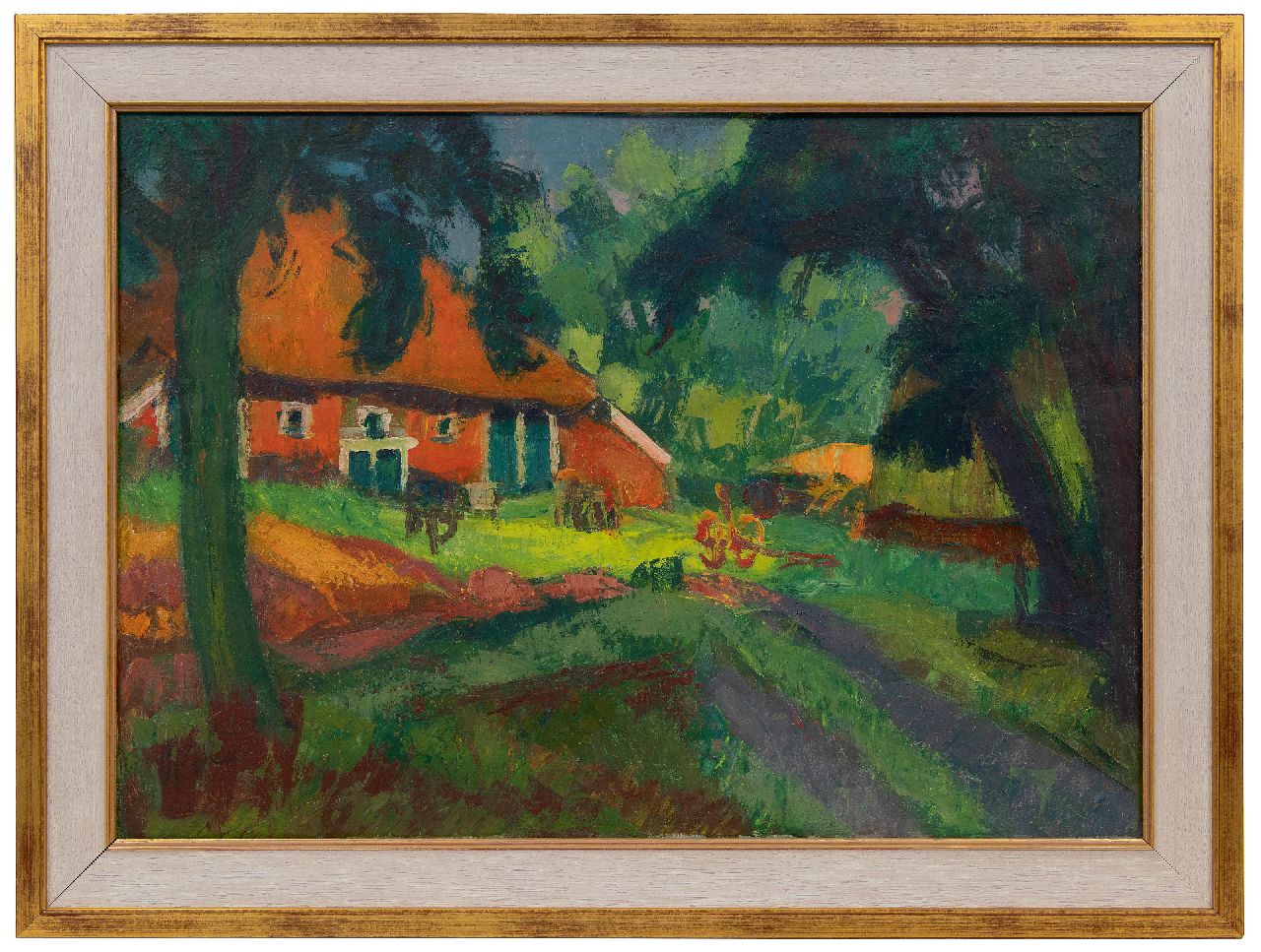 Vries J. de | Jannes de Vries | Gemälde zum Verkauf angeboten | Bauernhof in Westerwolde: Verso: Blick auf die Waal, Wachsfarbe auf Leinwand 50,1 x 69,4 cm, Unterzeichnet verso und zu datieren ca. 1960