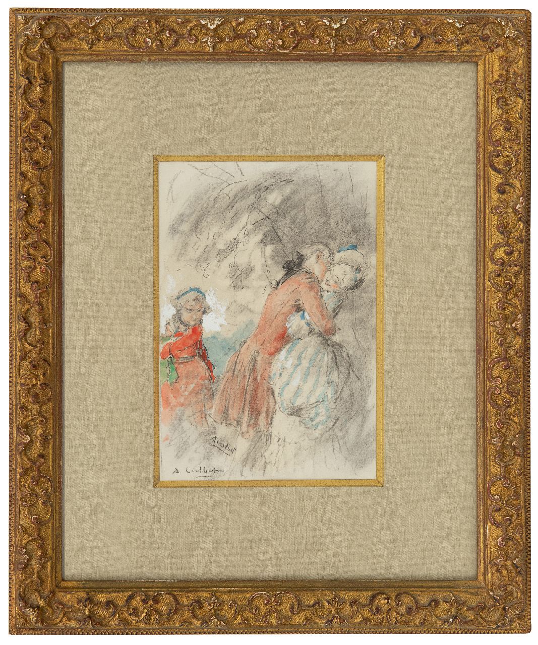 Calbet A.  | Antoine Calbet, Der gestohlene Kuß, Kreide und Aquarell auf Papier 20,0 x 14,0 cm, Unterzeichnet l.u.