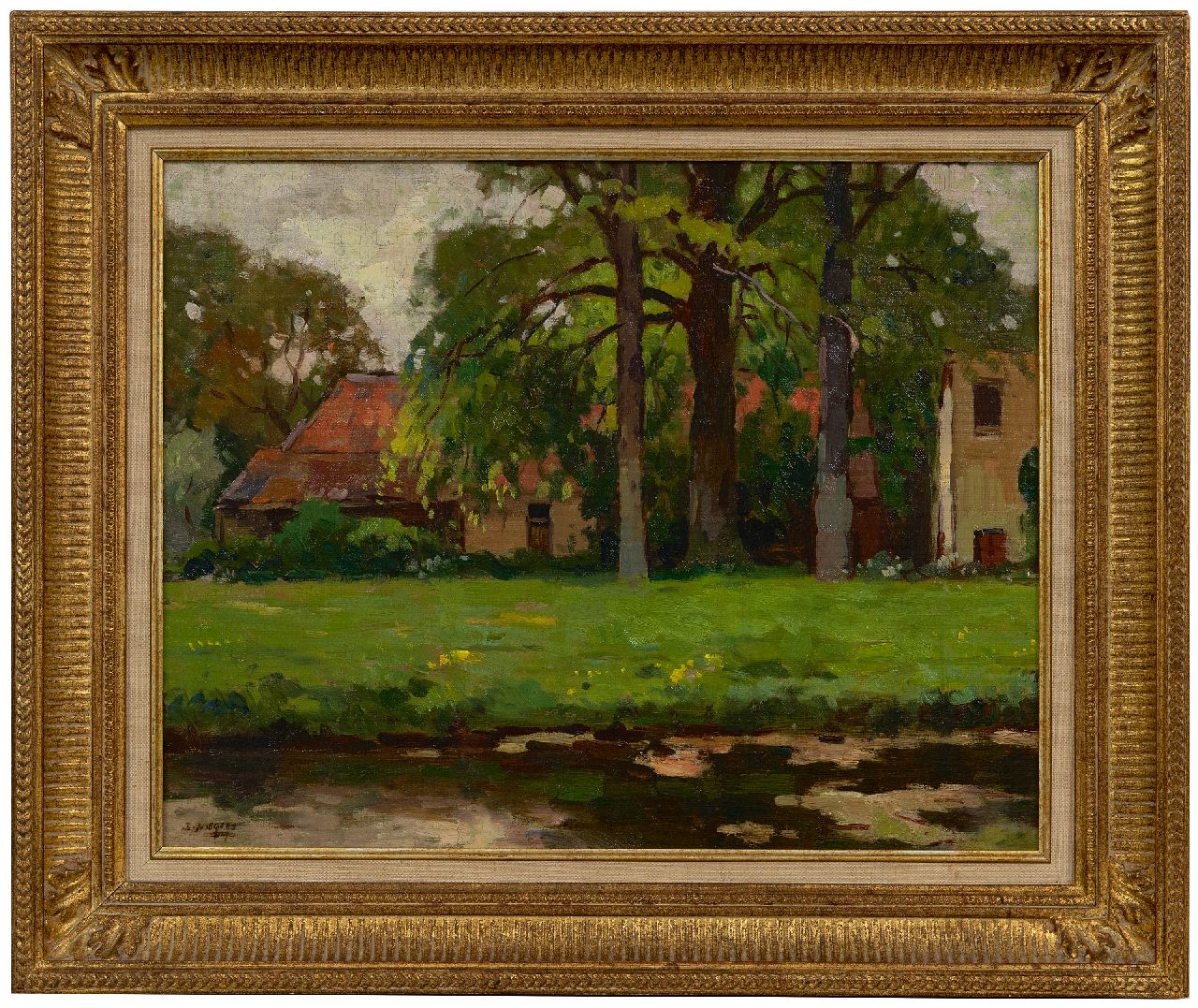 Viegers B.P.  | Bernardus Petrus 'Ben' Viegers | Gemälde zum Verkauf angeboten | Bauernhof und Bäume entlang eines Baches, Öl auf Leinwand 38,4 x 48,6 cm, Unterzeichnet u.l.