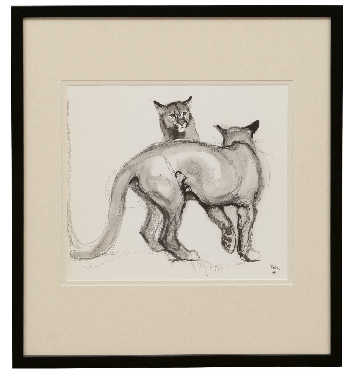 Poortvliet R.  | Rien Poortvliet, Panther spielend, Kreide und Ausziehtusche 21,0 x 23,5 cm, Unterzeichnet r.u.