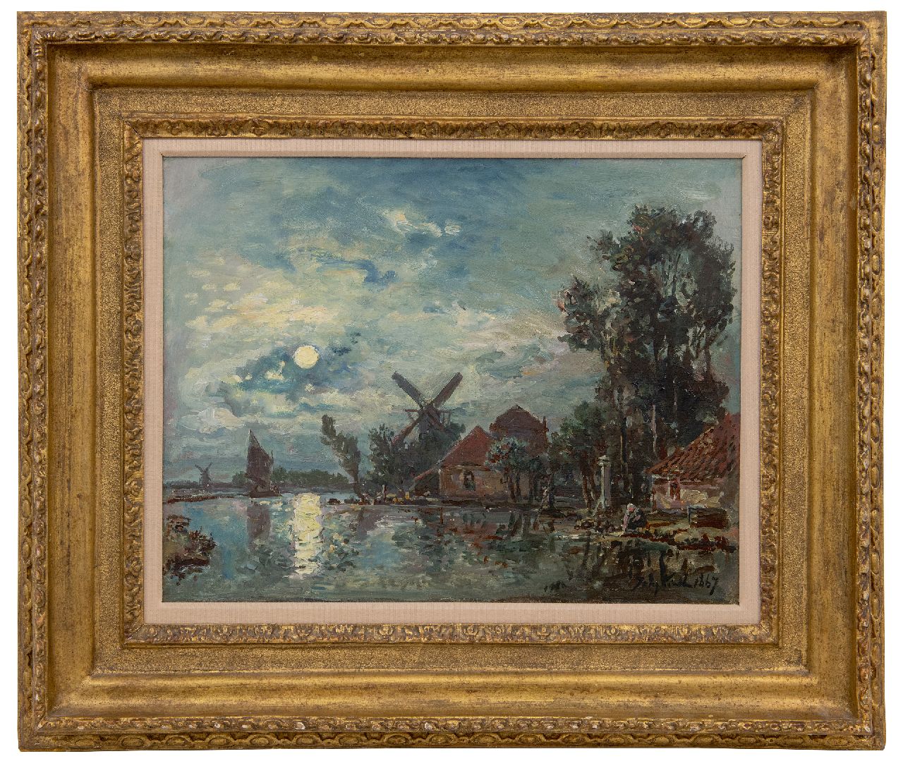 Jongkind J.B.  | Johan Barthold Jongkind | Gemälde zum Verkauf angeboten | Mondlicht-Effekt auf Flussmündung, Holland, Öl auf Leinwand 33,6 x 43,3 cm, Unterzeichnet u.r. und datiert 1867
