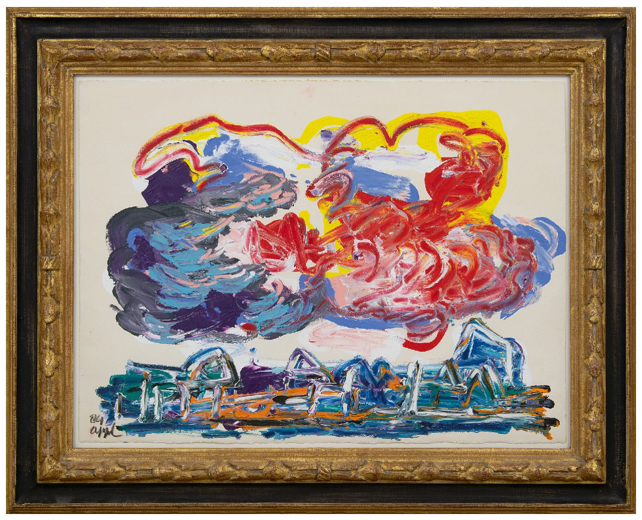 Appel C.K.  | Christiaan 'Karel' Appel | Gemälde zum Verkauf angeboten | Wolken über Häusern, Acryl auf Papier 56,5 x 76,0 cm, Unterzeichnet u.l. und dated '84 VERKOCHT
