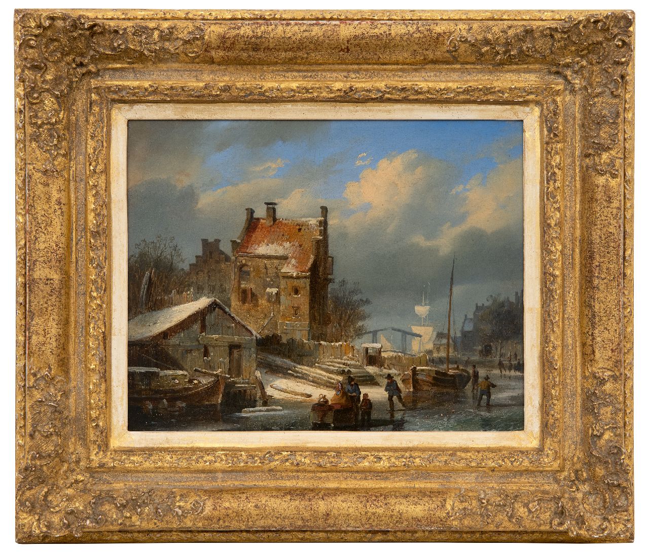 Springer C.  | Cornelis Springer, Dorf im Winter mit Schlittschuhläufern und einer Zugbrücke in der Ferne, Öl auf Holz 19,0 x 24,0 cm, Unterzeichnet u.M. mit Monogramm (auf dem Schlitten) und datiert '44