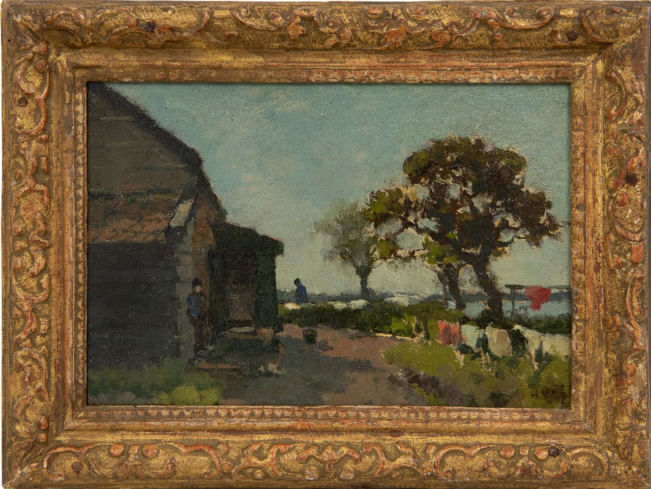 Weissenbruch H.J.  | Hendrik Johannes 'J.H.' Weissenbruch | Gemälde zum Verkauf angeboten | Waschtag, Öl auf Holz 16,1 x 23,6 cm, Unterzeichnet u.r. mit Initialen und zu datieren um 1875