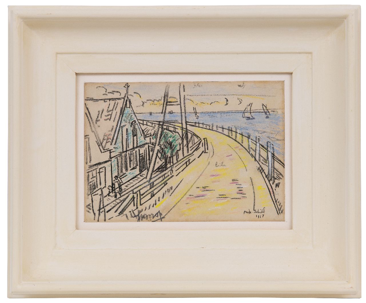 Toorop J.Th.  | Johannes Theodorus 'Jan' Toorop | Aquarelle und Zeichnungen zum Verkauf angeboten | Oudeschild auf der Insel Texel, Farbkreide auf Papier 13,0 x 18,0 cm, Unterzeichnet u.M. und datiert 'oude-Schild' 1917