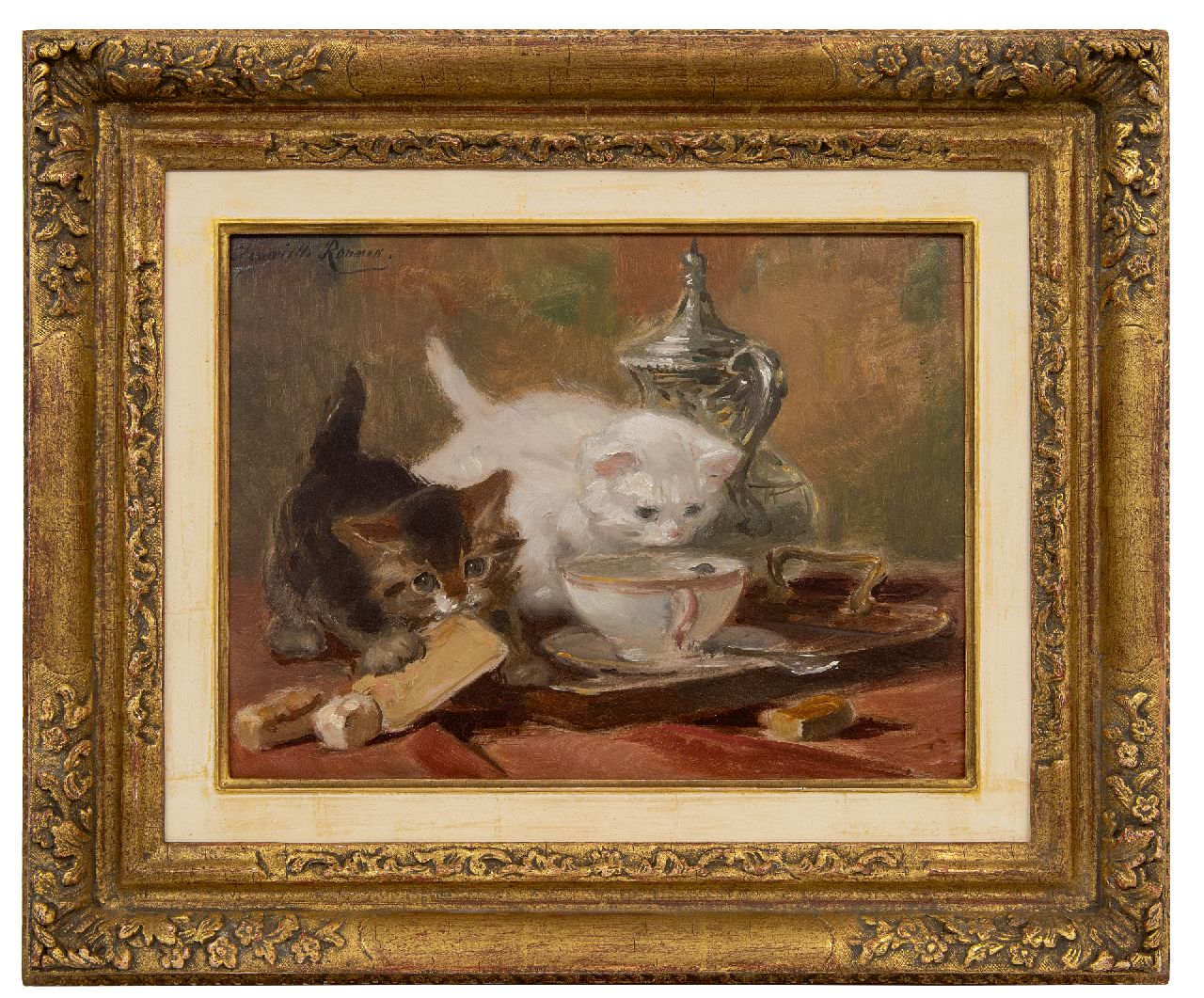 Ronner-Knip H. | Henriette Ronner-Knip | Gemälde zum Verkauf angeboten | Spielende Kätzchen auf einem Teetisch, Öl auf Papier auf Holz 23,8 x 32,1 cm, Unterzeichnet o.l. Ronner-Knip H. | Henriette Ronner-Knip | Gemälde zum Verkauf angeboten | Spielende Kätzchen auf einem Teetisch, Öl auf Papier auf Holz 23,8 x 32,1 cm, Unterzeichnet o.l.