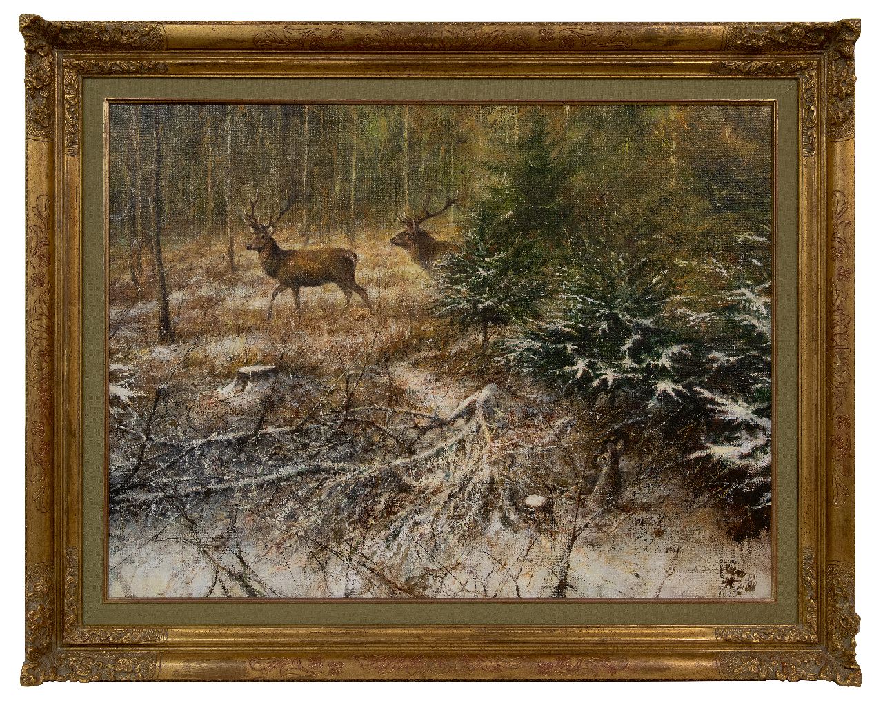 Poortvliet R. | Rien Poortvliet, Hirsche in verschneiter Waldlandschaft, Öl auf Leinwand 60,5 x 80,4 cm, Unterzeichnet u.r. und auf Keilrahmen und datiert 1988 Poortvliet R. | Rien Poortvliet, Hirsche in verschneiter Waldlandschaft, Öl auf Leinwand 60,5 x 80,4 cm, Unterzeichnet u.r. und auf Keilrahmen und datiert 1988