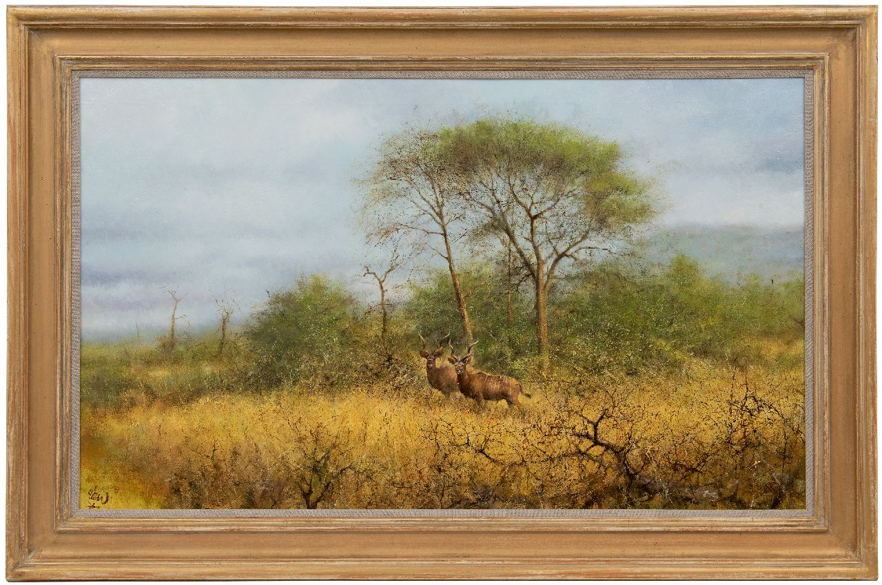 Poortvliet R.  | Rien Poortvliet, Kudus in der Nähe von Bäumen, Namibia, Öl auf Leinwand 60,0 x 100,2 cm, Unterzeichnet u.l.