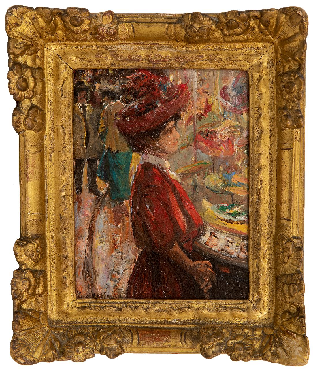 Helfferich F.W.  | Franciscus Willem 'Frans' Helfferich | Gemälde zum Verkauf angeboten | Elegante Dame für Haager Hüttenladen, Öl auf Holz 16,0 x 11,8 cm, Unterzeichnet u.l.