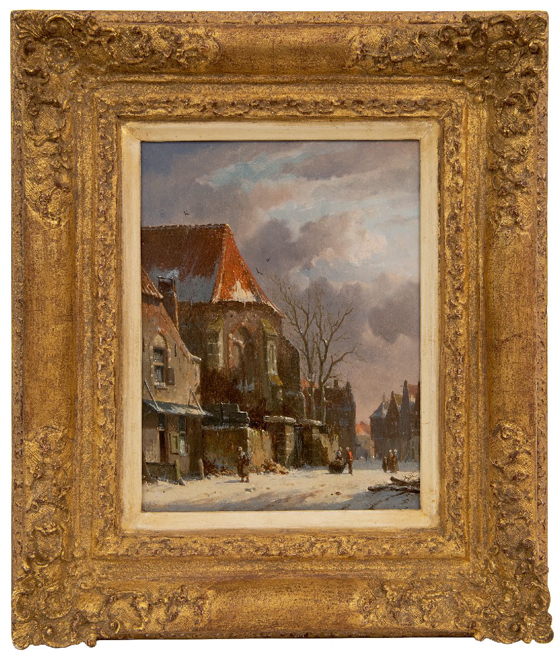 Eversen A.  | Adrianus Eversen | Gemälde zum Verkauf angeboten | Figuren an einem Kirchtor im Winter, Öl auf Holz 19,3 x 14,9 cm, Unterzeichnet u.r. mit Monogramm