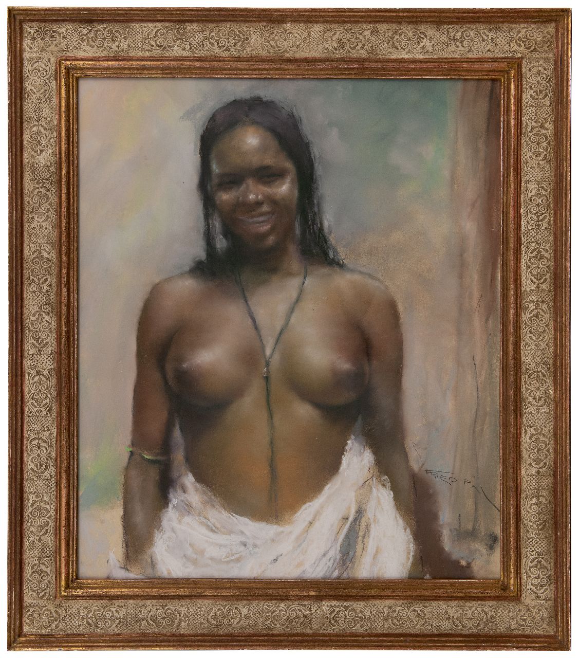 Fried P.  | Pal Fried | Aquarelle und Zeichnungen zum Verkauf angeboten | Lachender halfnackt, Pastell auf Papier 79,9 x 68,4 cm, Unterzeichnet u.r.