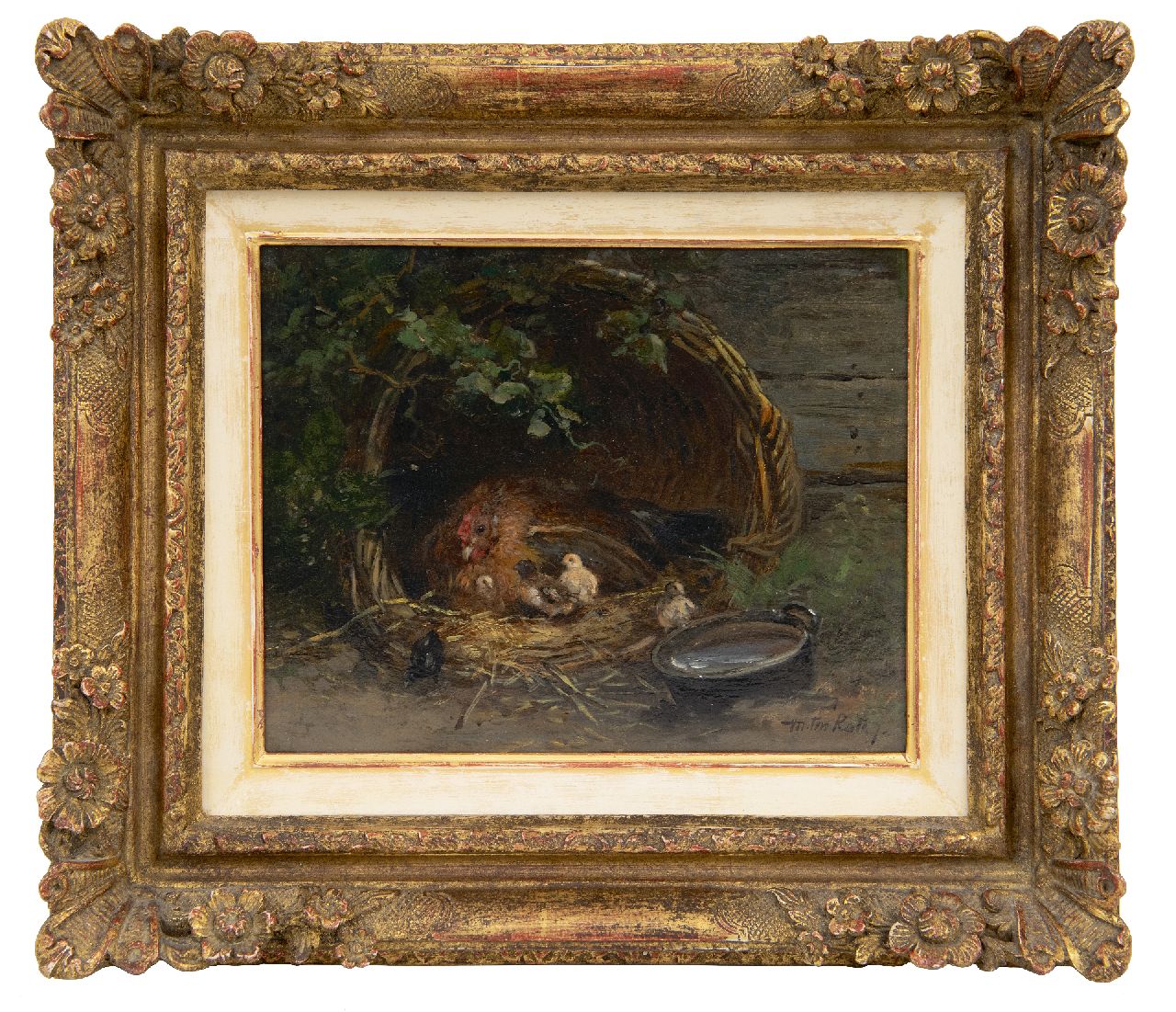 Kate J.M.H. ten | Johan 'Mari' Henri ten Kate, Henne mit Küken in einem Korb, Öl auf Holz 15,5 x 19,7 cm, Unterzeichnet r.u.