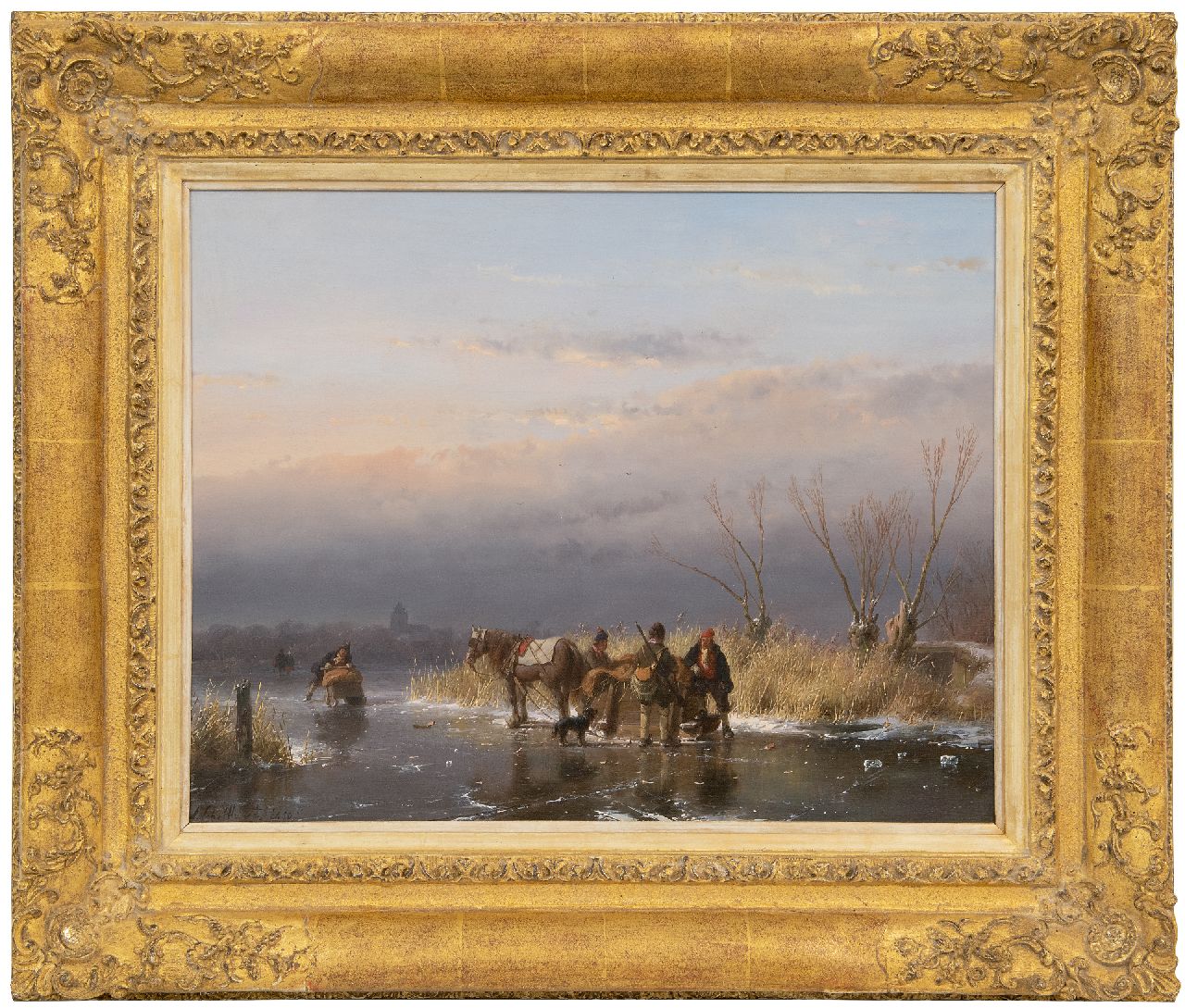 Schelfhout A.  | Andreas Schelfhout | Gemälde zum Verkauf angeboten | Winterlandschaft mit Jäger und Hund bei einem Pferdeschlitten, Öl auf Holz 34,5 x 43,9 cm, Unterzeichnet u.l. und datiert 1850