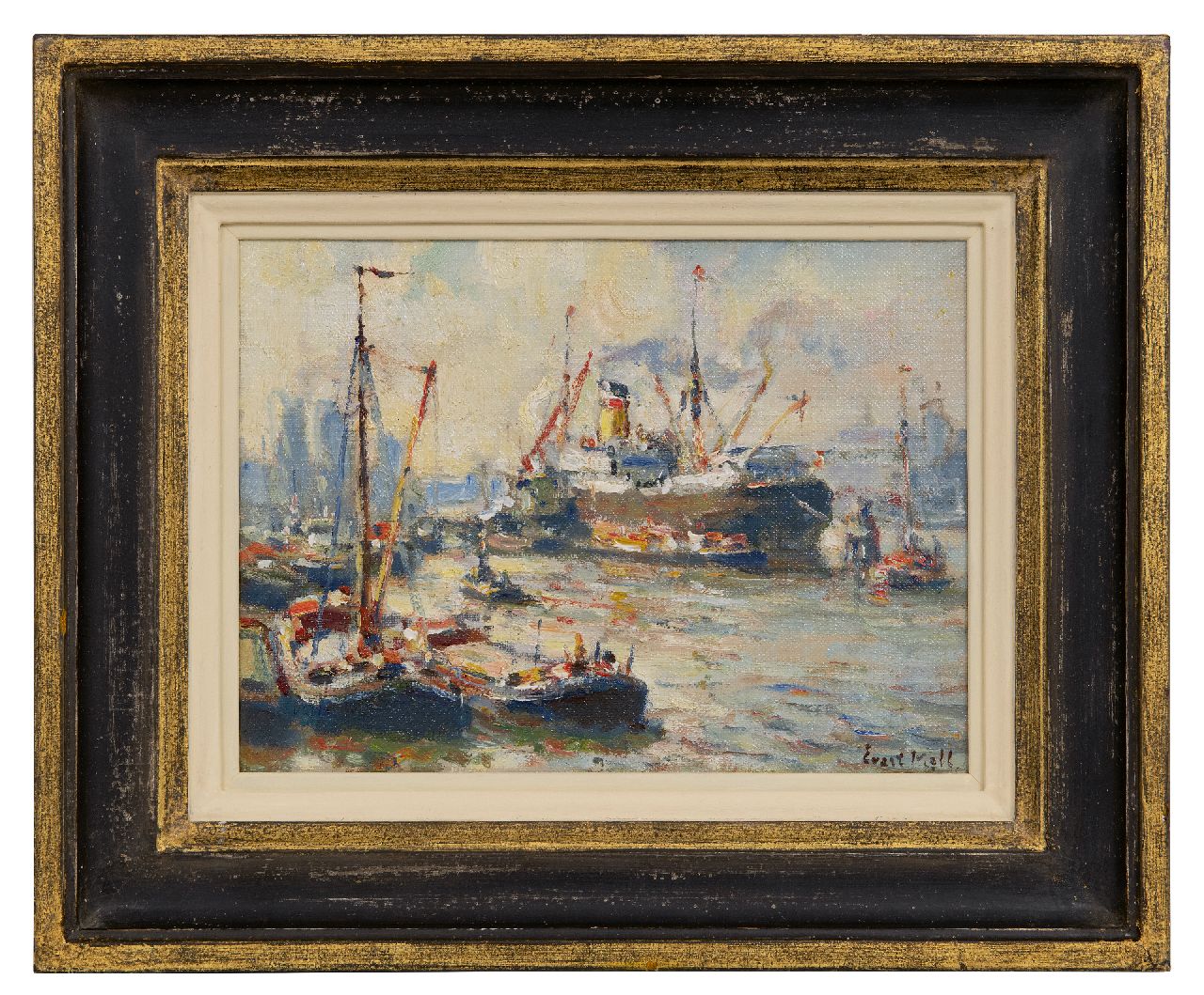 Moll E.  | Evert Moll | Gemälde zum Verkauf angeboten | Hafenansicht mit Dampfschiff und Schleppern, Öl auf Leinwand 19,4 x 25,2 cm, Unterzeichnet u.r.